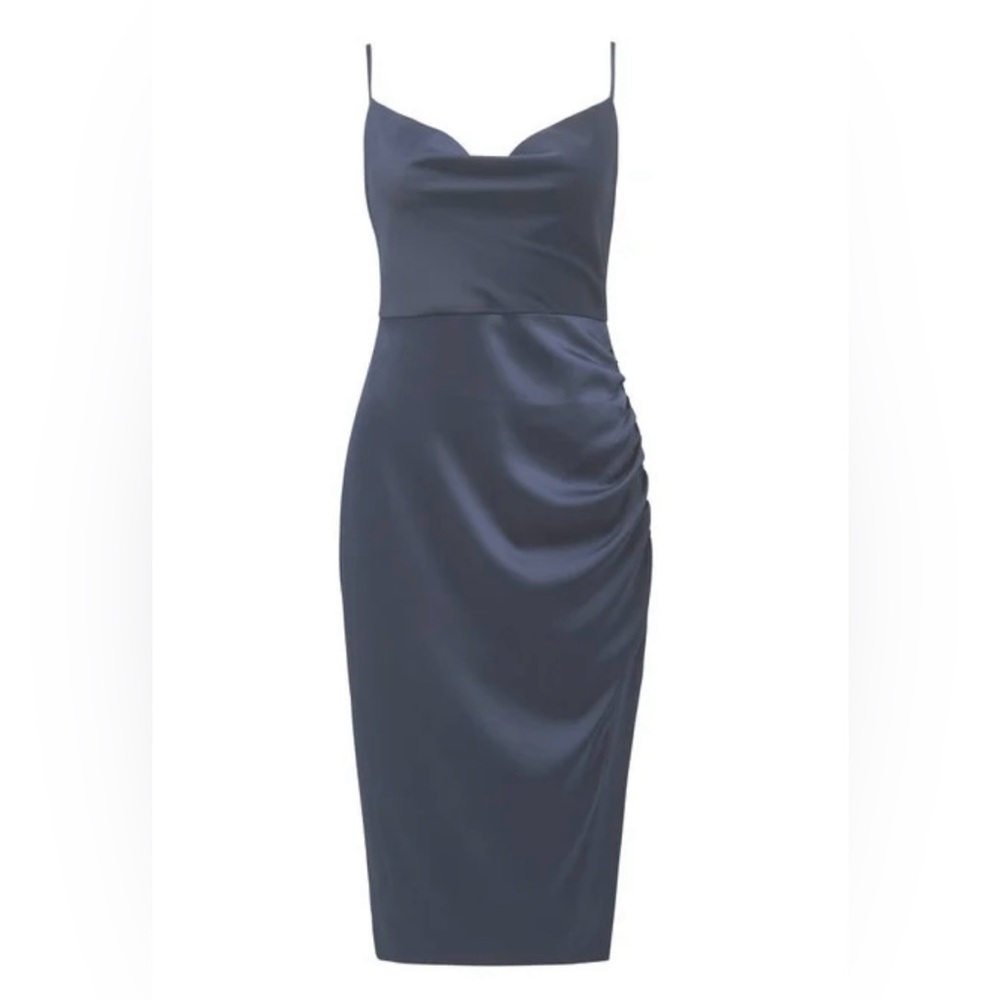 Cowl neck midnight blue navy dress with ruched waist. Like new.